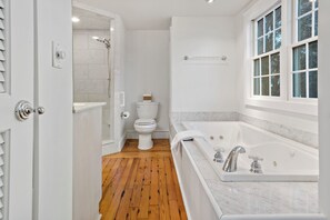 Jetted tub, hair dryer, towels, soap