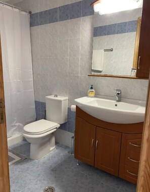 Hair dryer, towels, soap, toilet paper