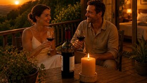 A couple sitting at a wooden table with a candle and wine bottle, overlooking a sunset.