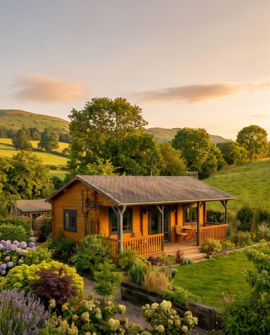 A wooden cabin with a porch, surrounded by lush greenery and hills.