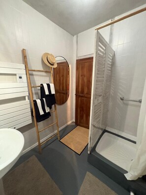 Shower, hair dryer, bidet, towels