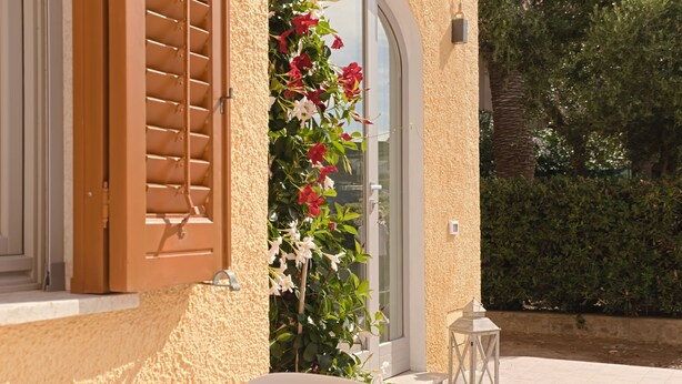 A building with a textured exterior, a window with wooden shutters, and a planter with red and white flowers. - B&B CASA GIOVANNA (Isola del Giglio)