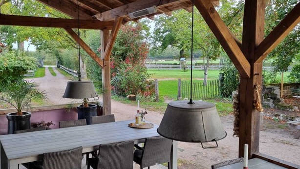 Un patio esterno con un tavolo e sedie in legno, circondato da piante in vaso e una lampada a sospensione.