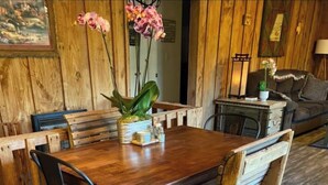 Una mesa de madera con sillas, un tapete estampado y una planta en maceta.