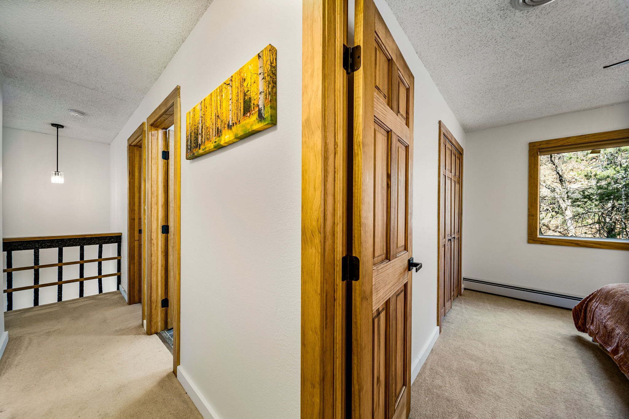 A hallway with wooden doors, a painting, and a window with a view of trees.