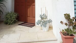 A building entrance with a wooden double door, a potted plant, and a sign on the wall. - The sculptor's retreat (Niscemi)