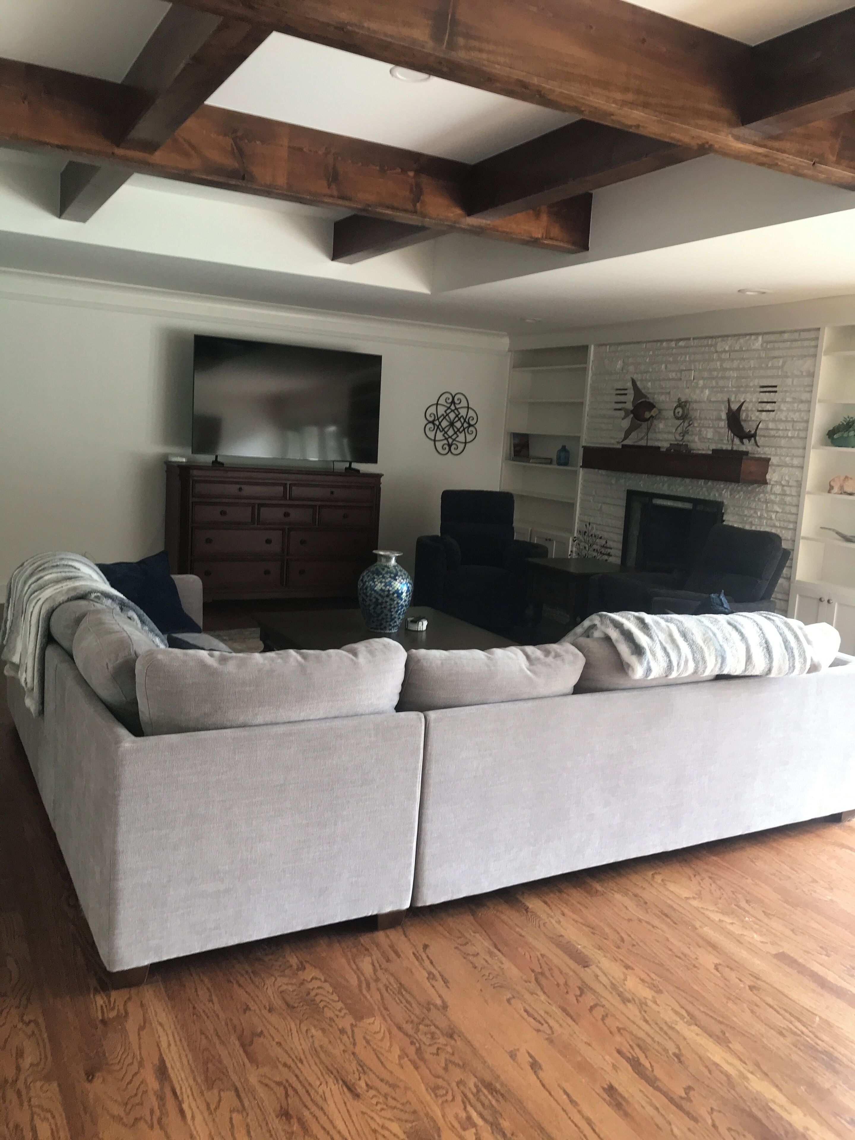 Smart TV, fireplace, books, computer monitors