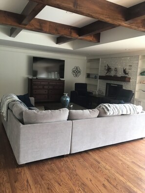 Smart TV, fireplace, books, computer monitors