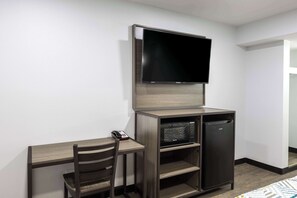 Desk, laptop workspace, blackout curtains, iron/ironing board