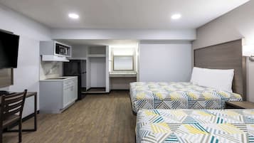 Desk, laptop workspace, blackout curtains, iron/ironing board