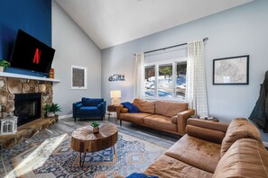 Smart TV, fireplace, video games, foosball