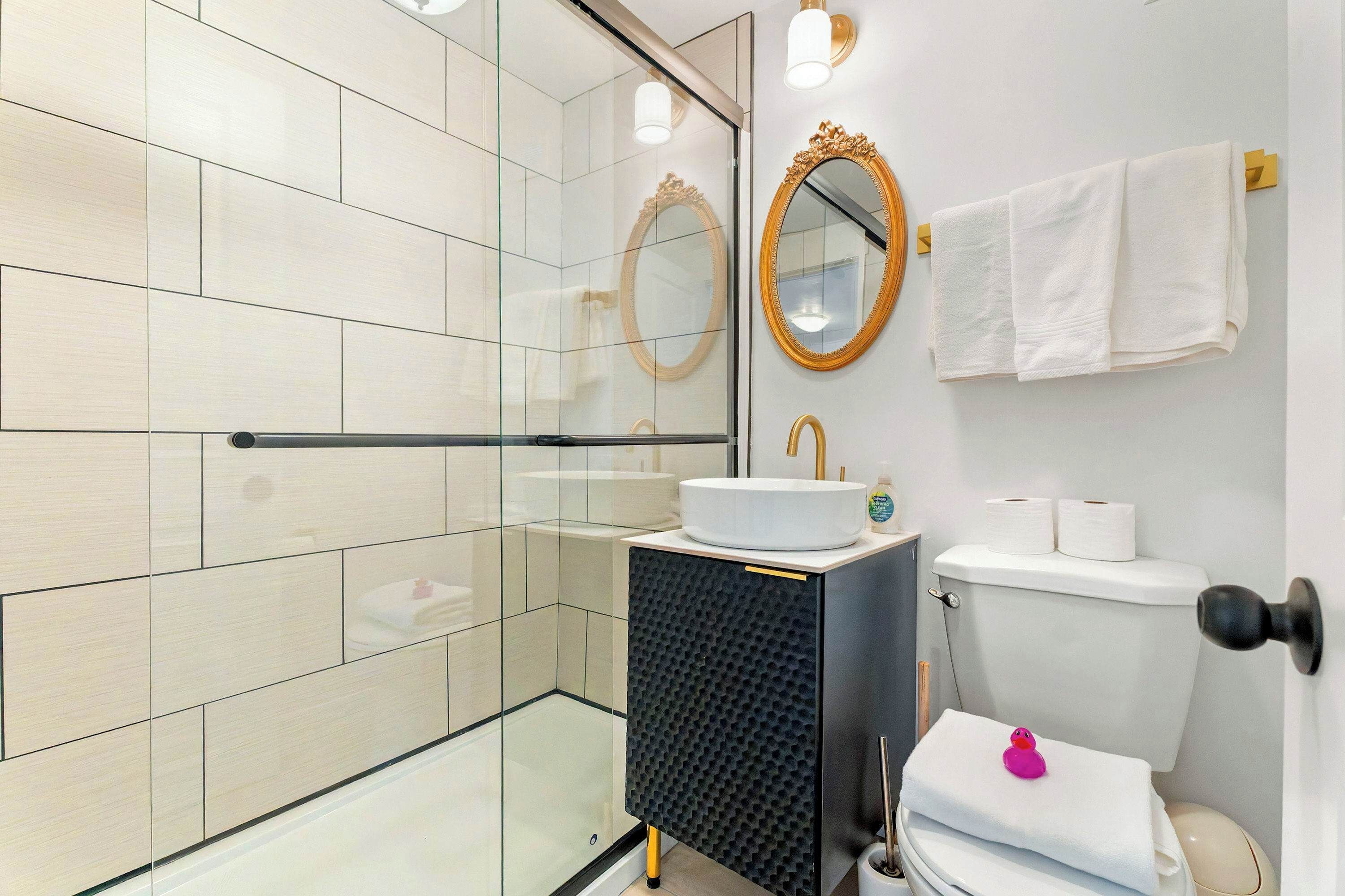 Shower, hair dryer, towels