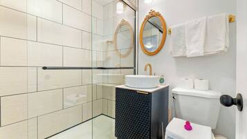 Shower, hair dryer, towels