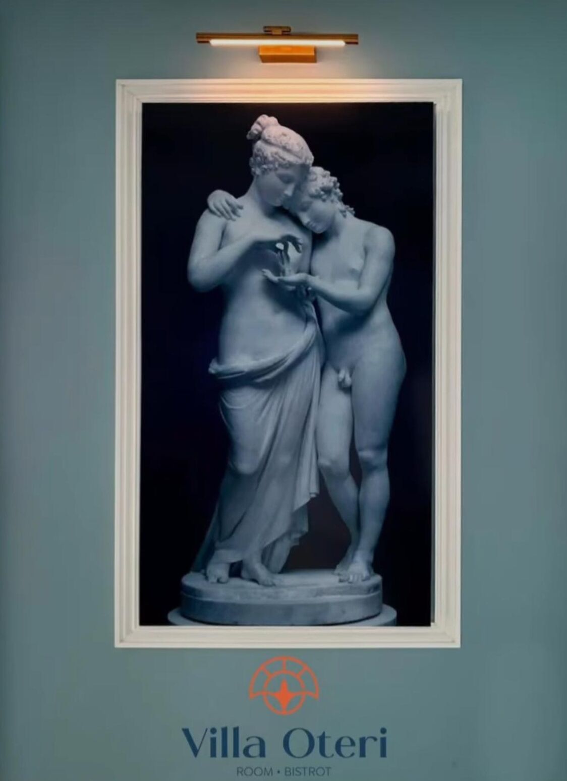 A classical sculpture in a framed display, with the text "Villa Oteri ROOM • BISTROT" below it.