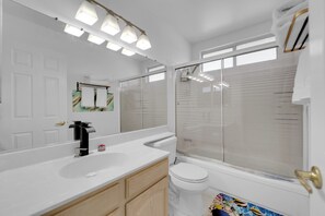 Hair dryer, towels, soap, toilet paper