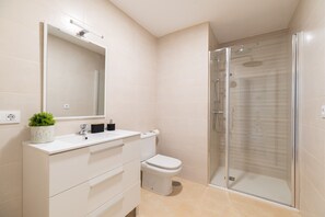 Shower, hair dryer, towels