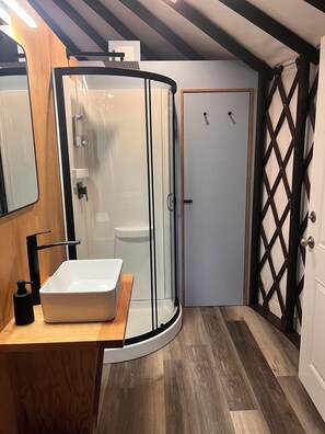 Hair dryer, towels, soap, shampoo