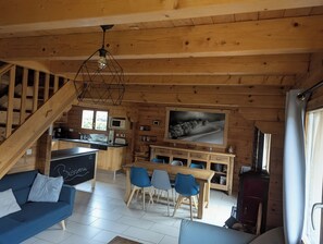 TV connectée, cheminée, lecteur de DVD, livres