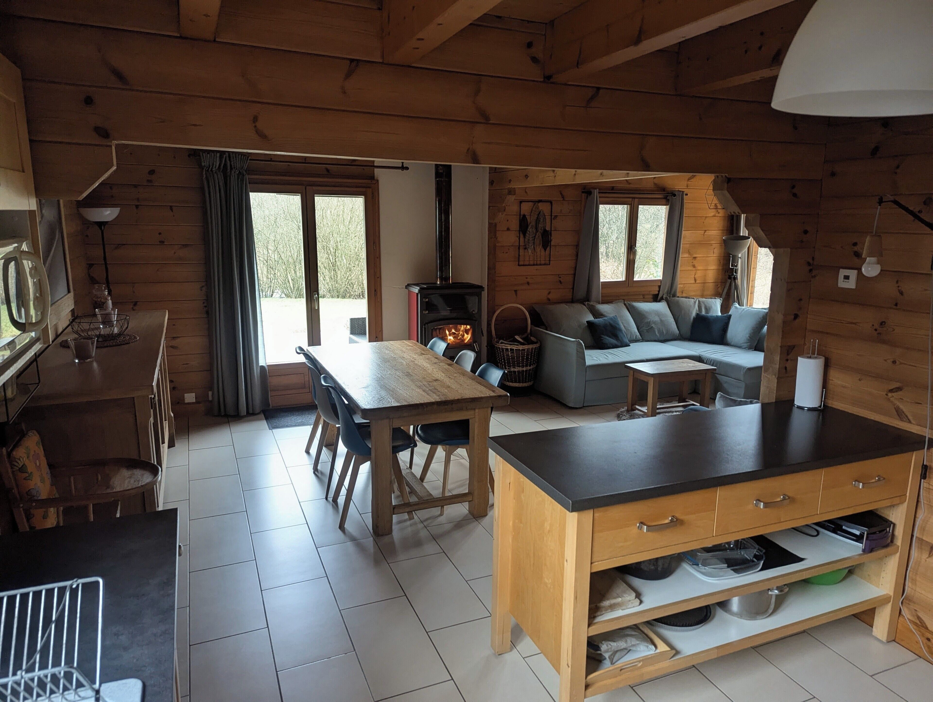 Smart TV, chimenea, reproductor de DVD y libros 