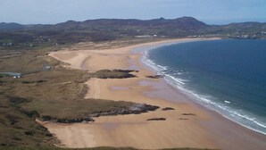 Un paysage côtier avec une plage de sable, des zones herbeuses et une vue sur la mer.
