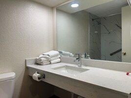 Bañera con ducha, secador de pelo, toallas, jabón