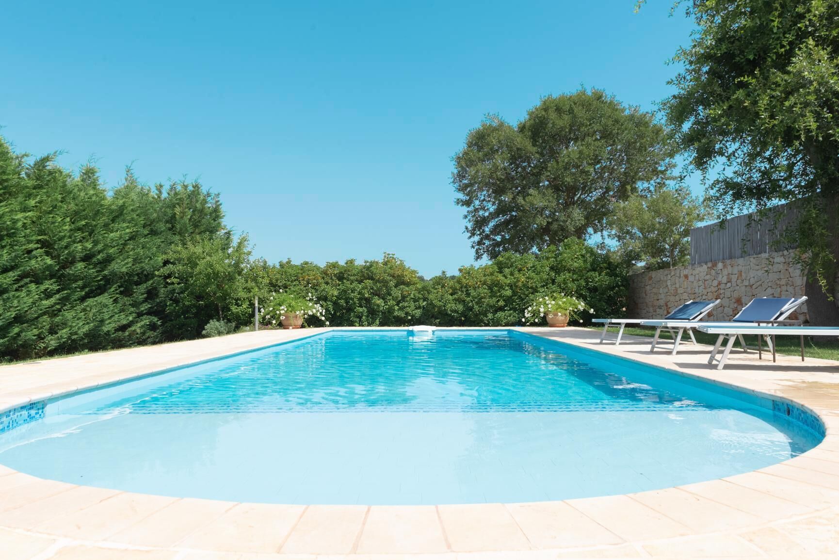 A rectangular swimming pool with a tiled deck, surrounded by lush greenery and a stone wall.
