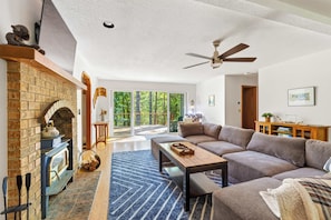 TV, fireplace, DVD player, foosball