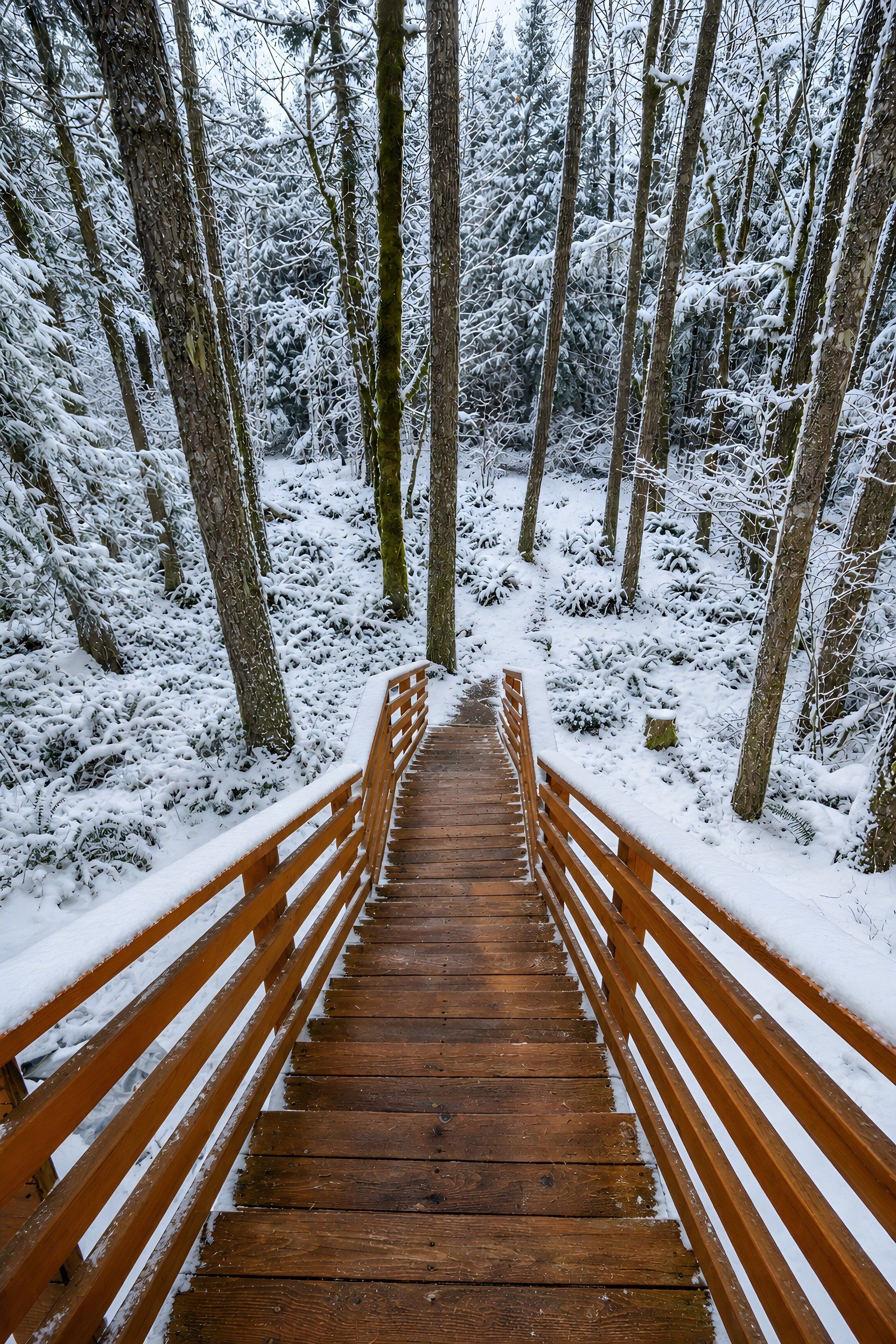 A wooden staircase leading into a snowy forest.