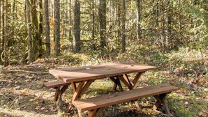 A wooden picnic table in a forested area. - Relaxing River Lodge • Hot Tub • Family Friendly (Rhododendron)