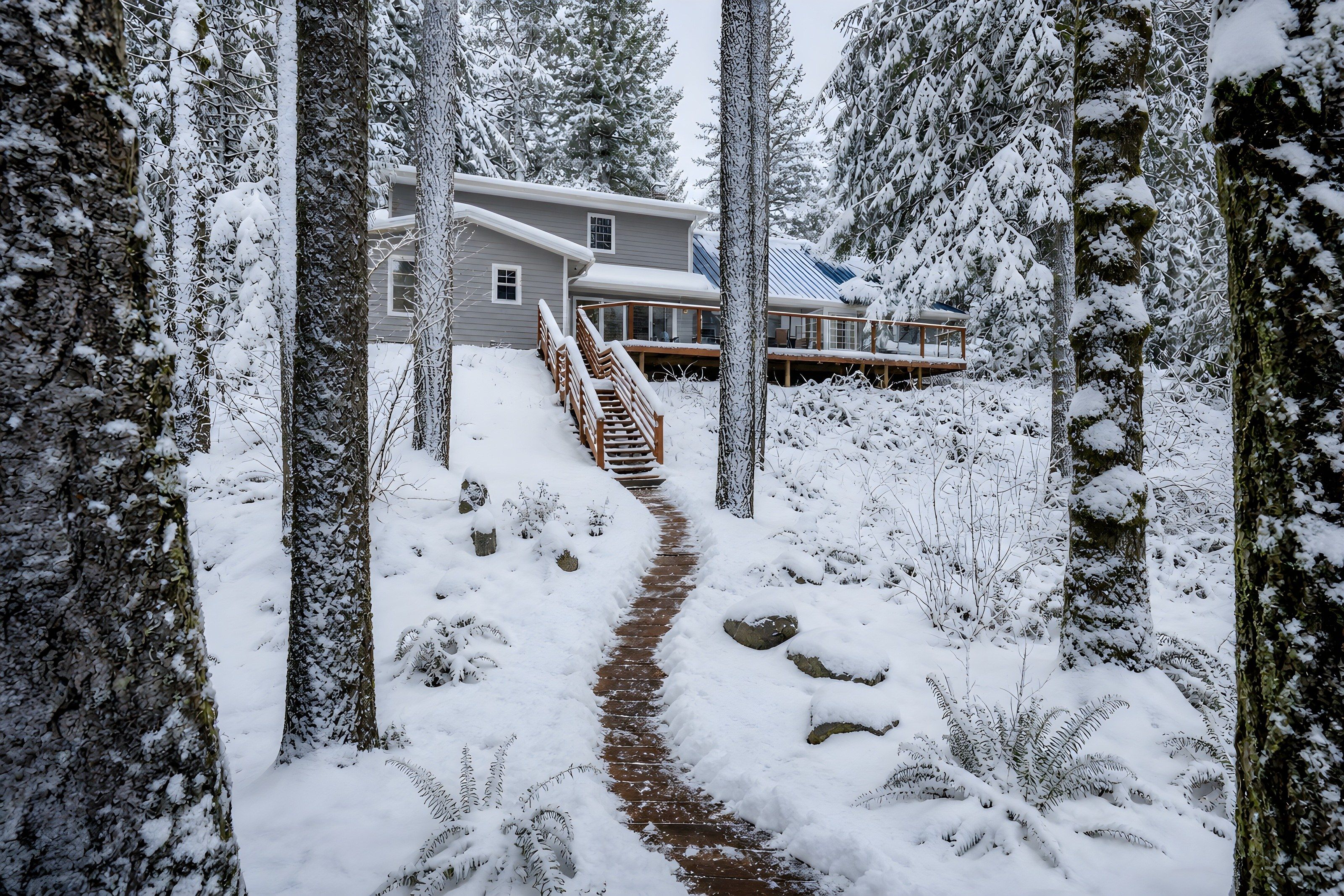 A snow-covered pathway leading to a house with a deck, surrounded by trees.