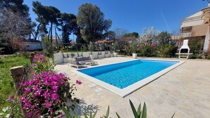 A rectangular swimming pool with a stone deck, surrounded by a garden with various plants and flowers. - Charming 3-bedroom apartment with AC, Pool, WiFi in beautiful Biograd na Moru (Biograd na Moru)