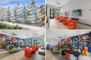 Experience the perfect blend of style and functionality in our modern spaces, featuring a unique water feature, cozy seating areas, a vibrant play zone, and a casual dining space.