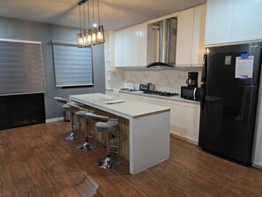 Fridge, microwave, stovetop, electric kettle