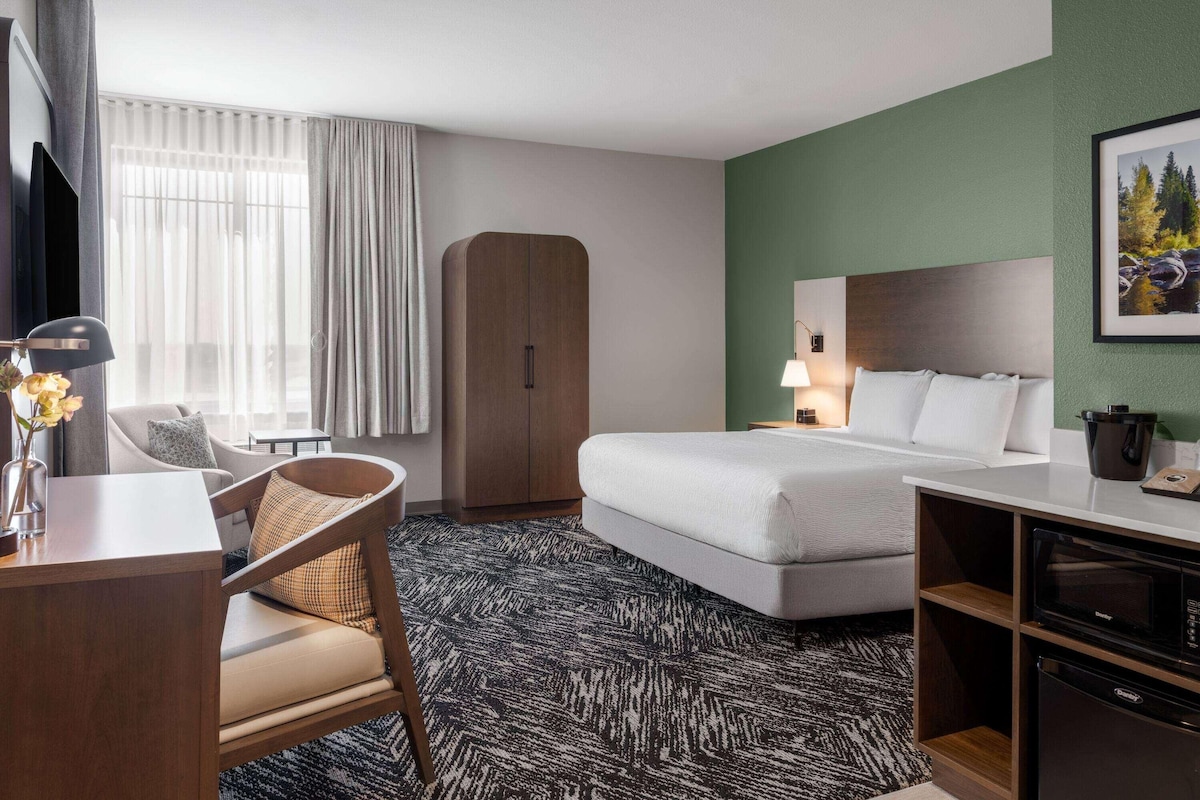 Une chambre d’hôtel comprenant un lit, un bureau, une chaise, une armoire, une télévision, une lampe et un tableau au mur.