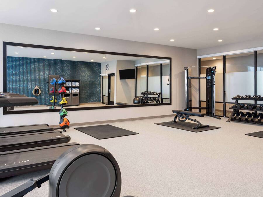 Ein modernes Fitnessstudio mit Laufbändern, einem Ergometer, einem Rudergerät und einem Hantelgestell.