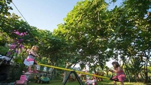 Two children playing on a seesaw in a garden with trees and a pink car in the background. - Apartments Galić - 1 Bedroom with Lake view (Ploce)