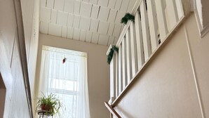 Un escalier avec des marches recouvertes d’une moquette sombre, des murs blancs et une rampe blanche agrémentée de plantes vertes.