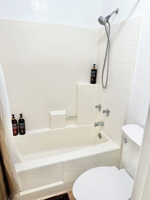 Hair dryer, towels, soap, toilet paper
