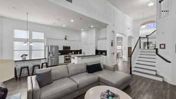 Smart TV, fireplace, books