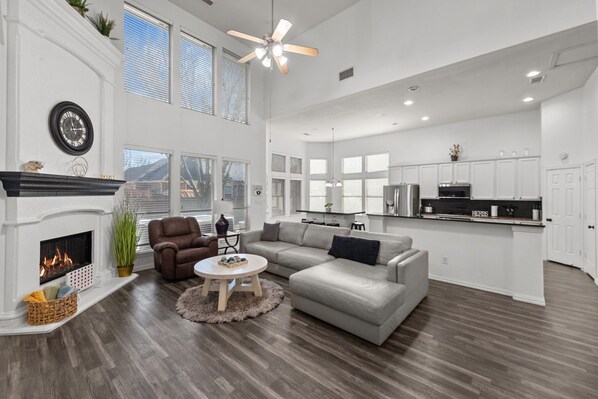 Smart TV, fireplace, books