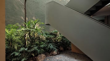 Una escalera moderna con pared de concreto y un jardín exuberante con plantas y rocas diversas.
