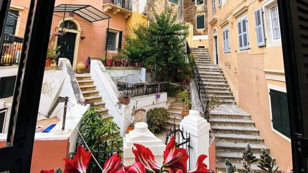 A narrow street with buildings on both sides, a staircase leading up, and red flowers in the foreground.