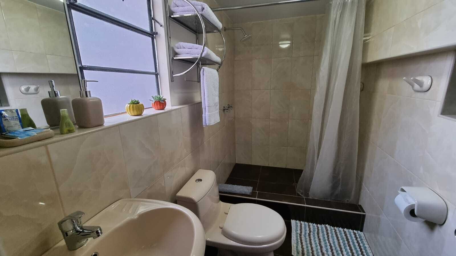 Shower, pengering rambut, sabun, dan sampo