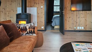 Un salon chaleureux avec un poêle à bois, un canapé agrémenté de coussins à motifs et un téléviseur à écran plat fixé au mur.