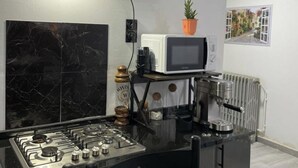 Eine kleine Küche mit Gaskocher, Mikrowelle und Kaffeemaschine. An der Wand stehen Blumentöpfe und ein gerahmtes Bild.