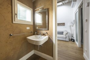 Shower, hair dryer, bidet, towels