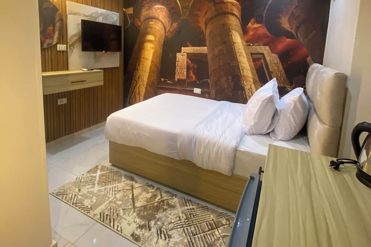 A modern bedroom with a large bed, a flat-screen TV mounted on the wall, and a mural of ancient columns.
