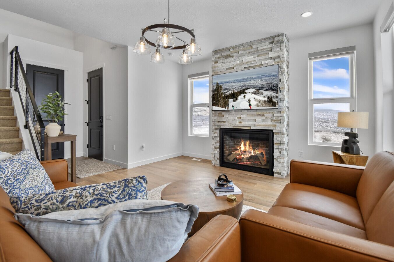 Smart TV, fireplace, books, stereo