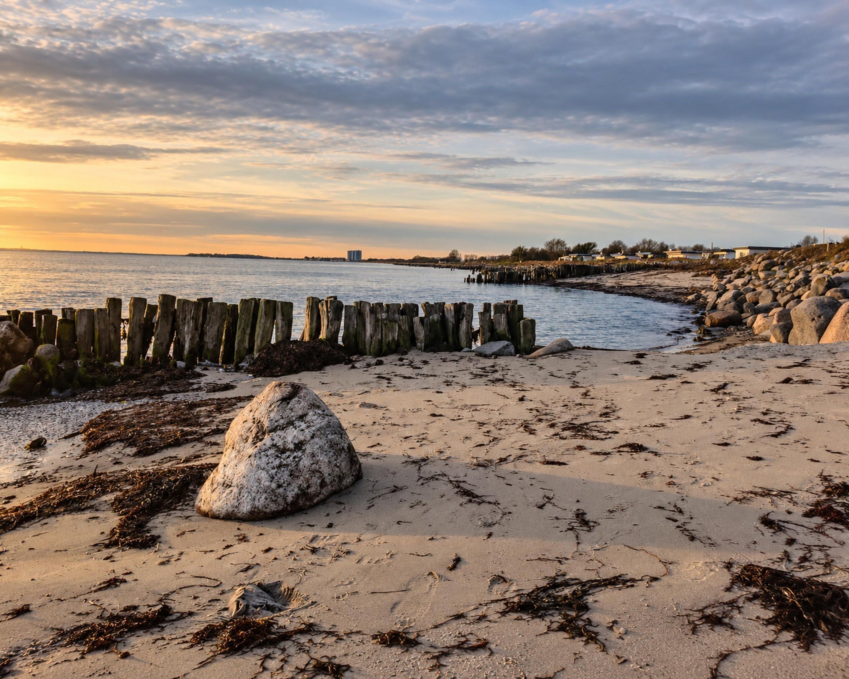 A beach with a wooden fence, a large rock, and seaweed on the sand.