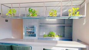 A modern kitchen with a glass shelf holding plants, a built-in oven, and a seating area with green upholstered chairs. - Oceânica Cabo Branco (João Pessoa)